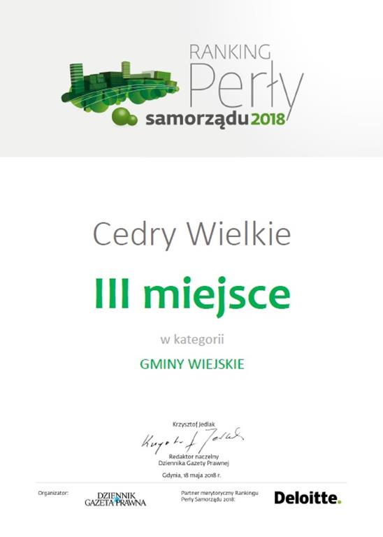 Perły Samorządu 2018 przyznane ! Cedry Wielkie na trzecim miejscu w kategorii gmin wiejskich w Polsce