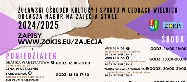 Żuławski Ośrodek Kultury i Sportu w Cedrach Wielkich ogłasza nabór na zajęcia stałe 2024/2025